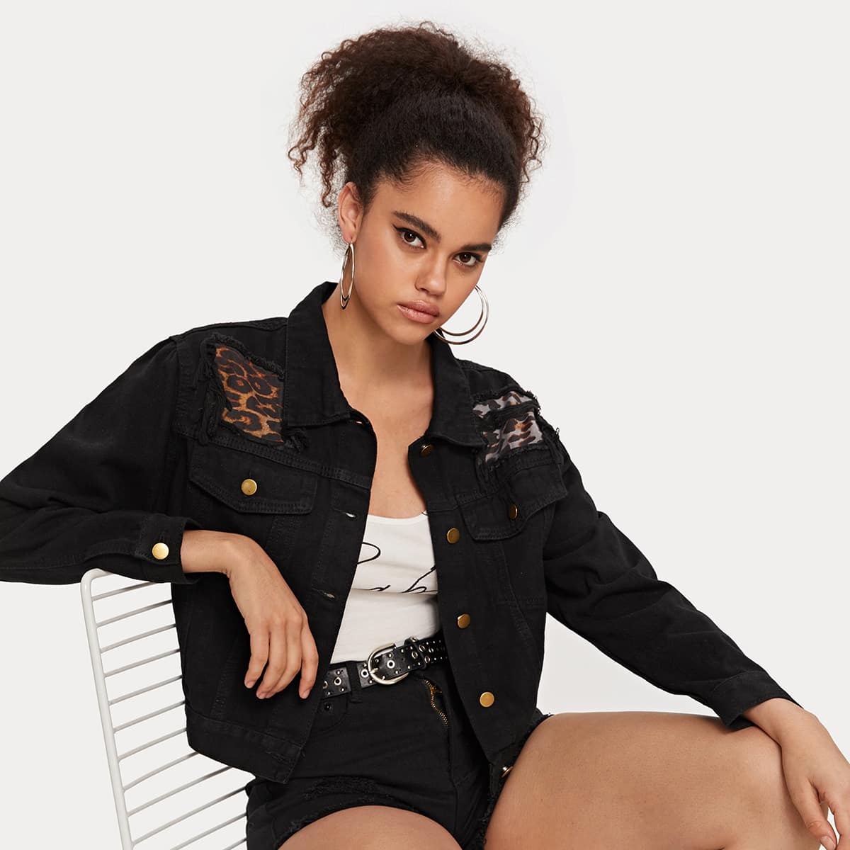 

Button Front Ripped Contrast Leopard Denim Jacket, Black