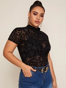 SHEIN 大碼豹紋植絨網紗透明上衣不帶胸罩 - 黑色 - 查看 4