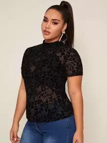 SHEIN 大碼豹紋植絨網紗透明上衣不帶胸罩 - 黑色 - 查看 5