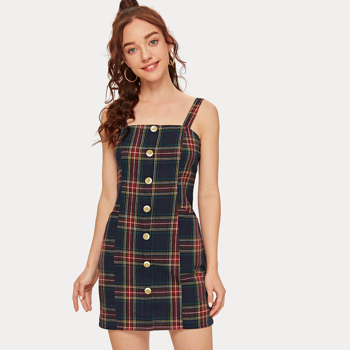 

Button Front Tartan Cami Mini Dress, Multicolor