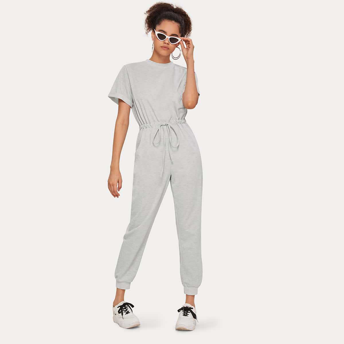 

Zip Back Drawstring Waist Jumpsuit, Grey