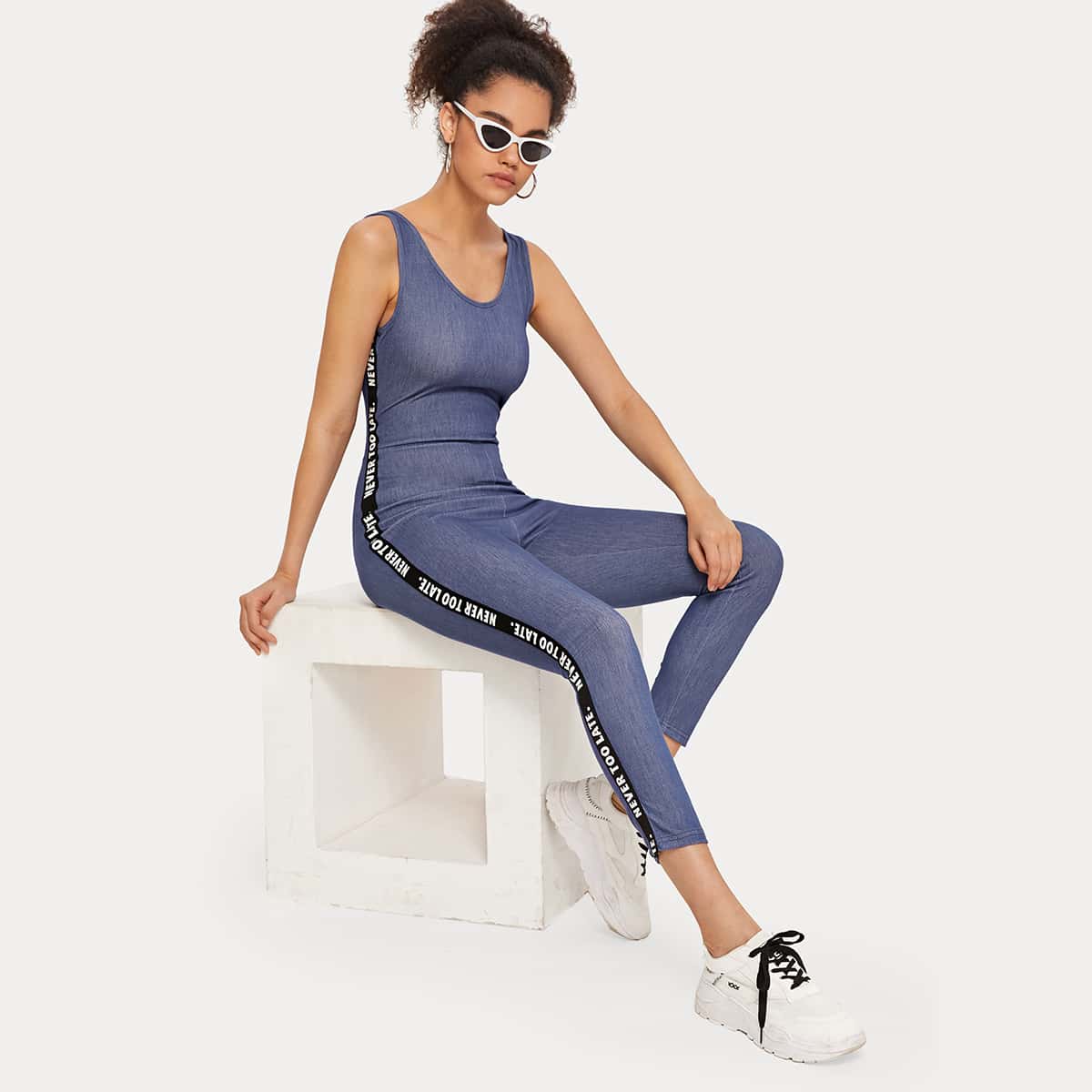 

Low Back Slogan Tape Side Unitard Jumpsuit, Navy