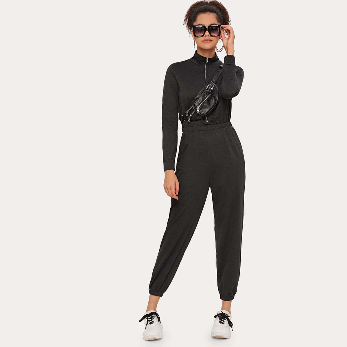 

Mock-neck Zip Front Sweatshirt Jumpsuit, Grey