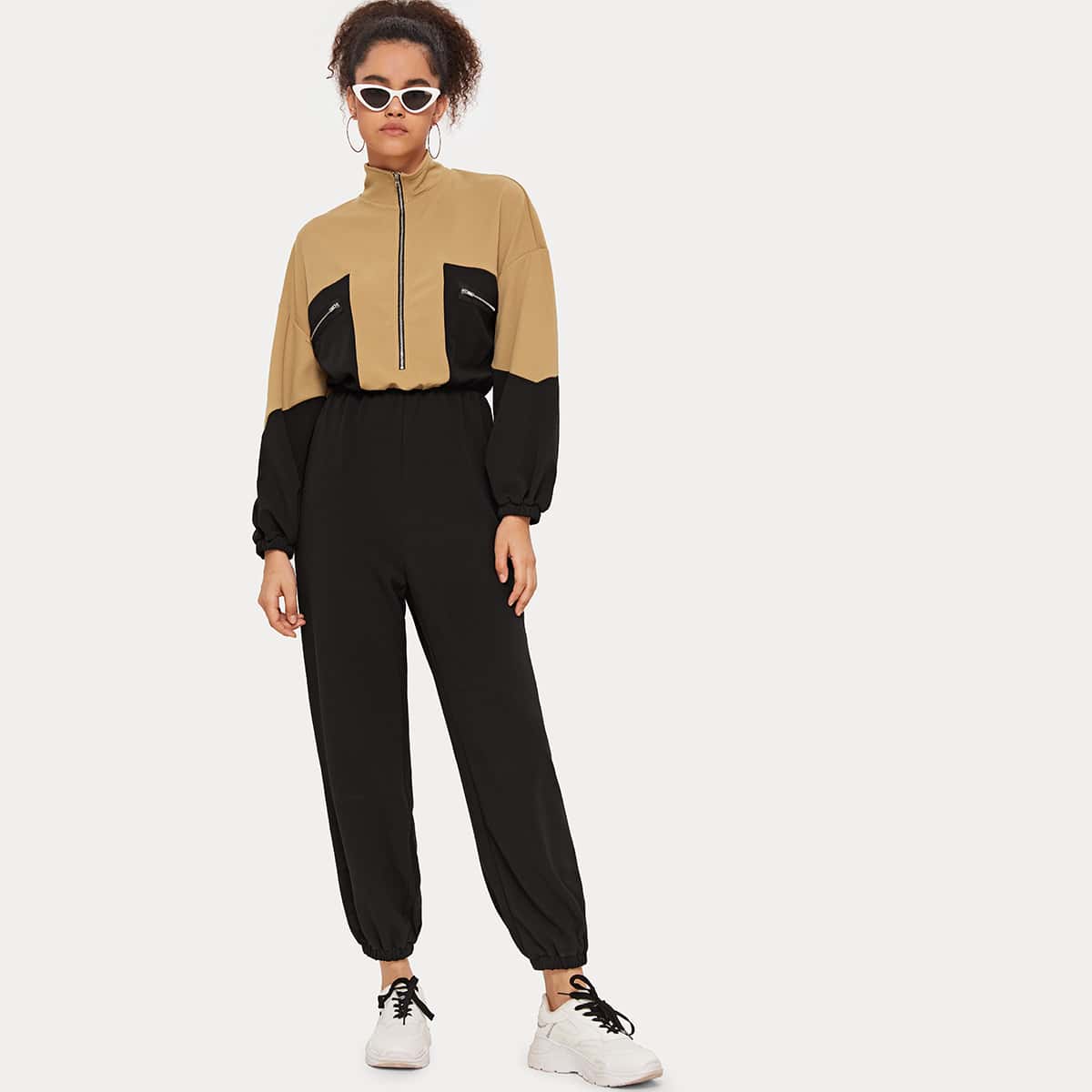 

Zip Front Two Tone Lantern Sleeve Jumpsuit, Multicolor