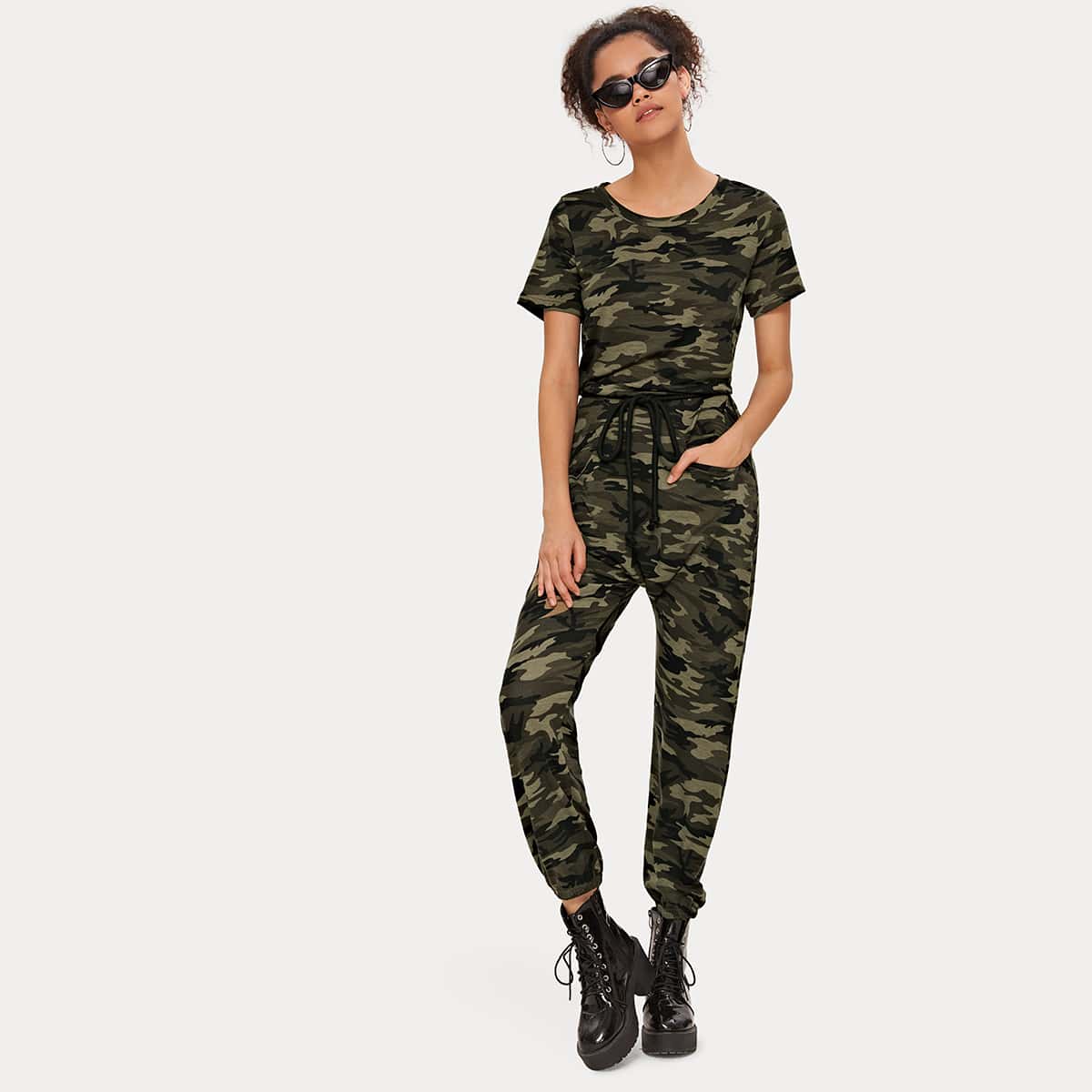 

Drawstring Waist Slant Pocket Camo Print Jumpsuit, Multicolor