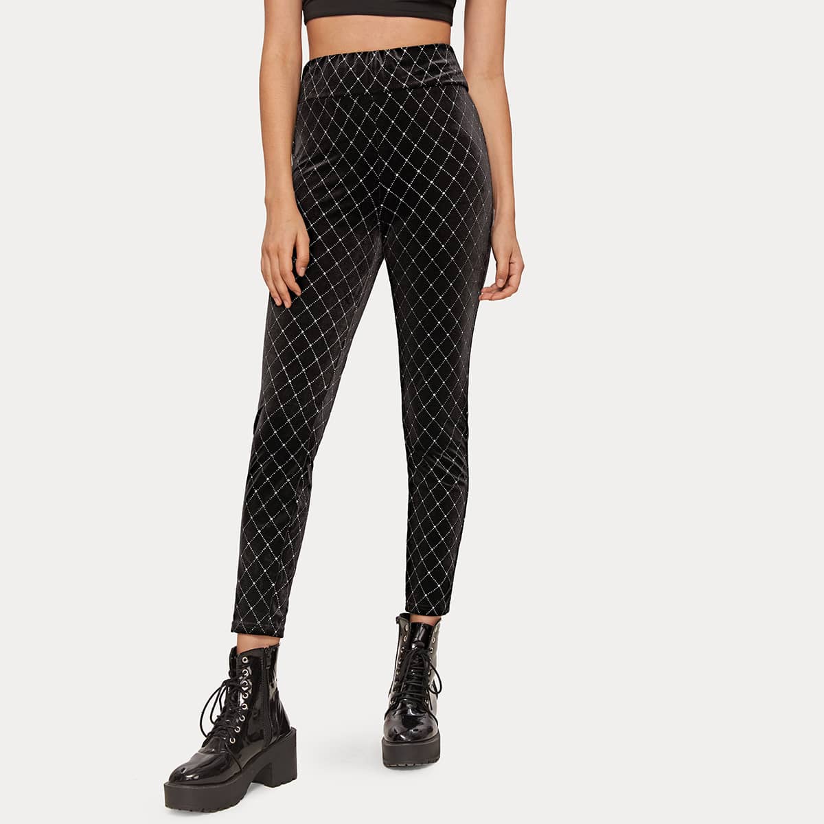 

Glitter Plaid Velvet Leggings, Black