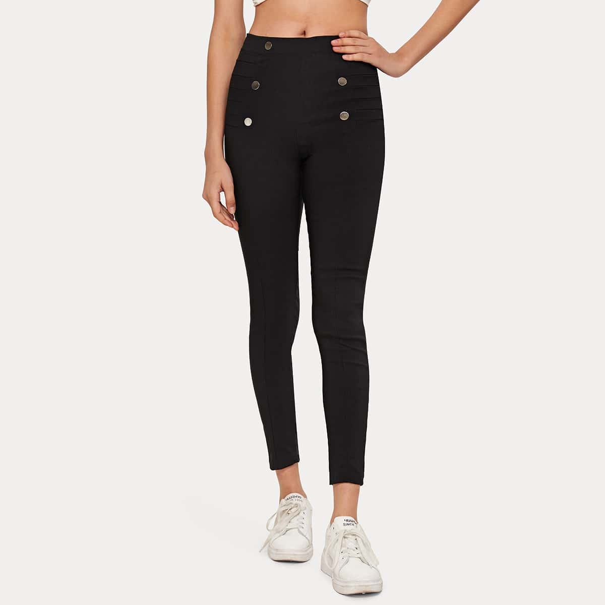 

Double-breasted Ruched Solid Jeggings, Black