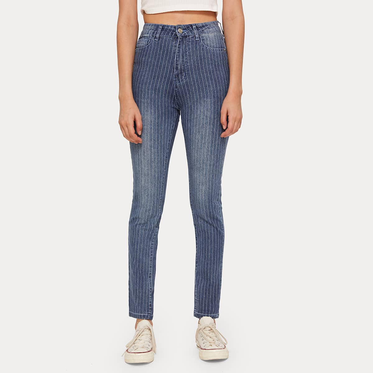 

Bleached Wash Striped Skinny Jeans, Blue