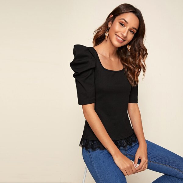 

Puff Sleeve Lace Hem Form Fitted Tee, Black