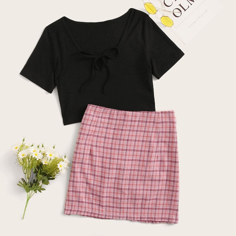 

Tie Front Crop Top & Plaid Skirt, Multicolor