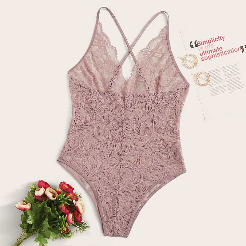 

Crisscross Floral Lace Teddy Bodysuit, Pink pastel