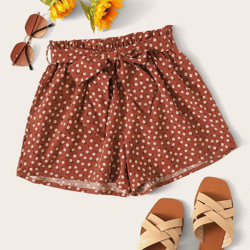 

Ditsy Floral Paperbag Waist Shorts, Red