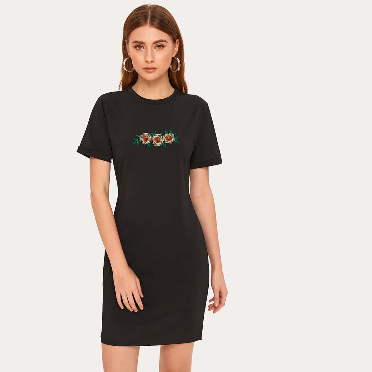 

Flower Embroidery Black Tee Dress