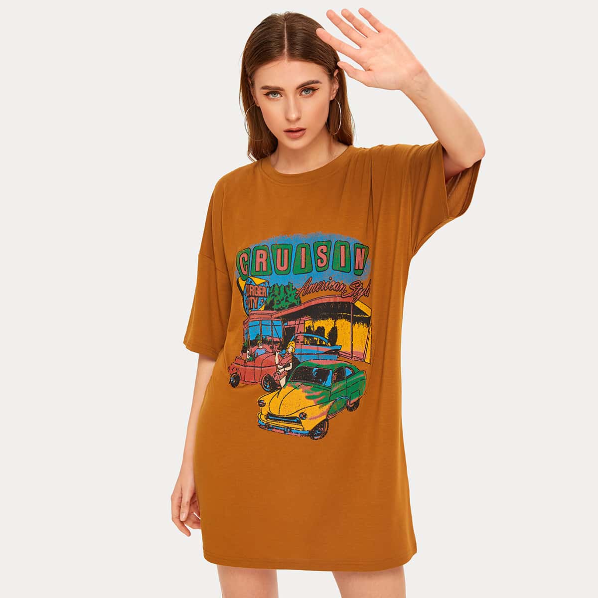

Car Graphic Tee Dress, Brown