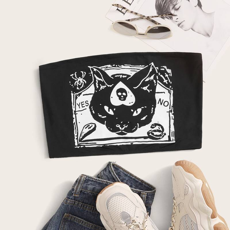 

Skull & Cat Graphic Tube Top, Black