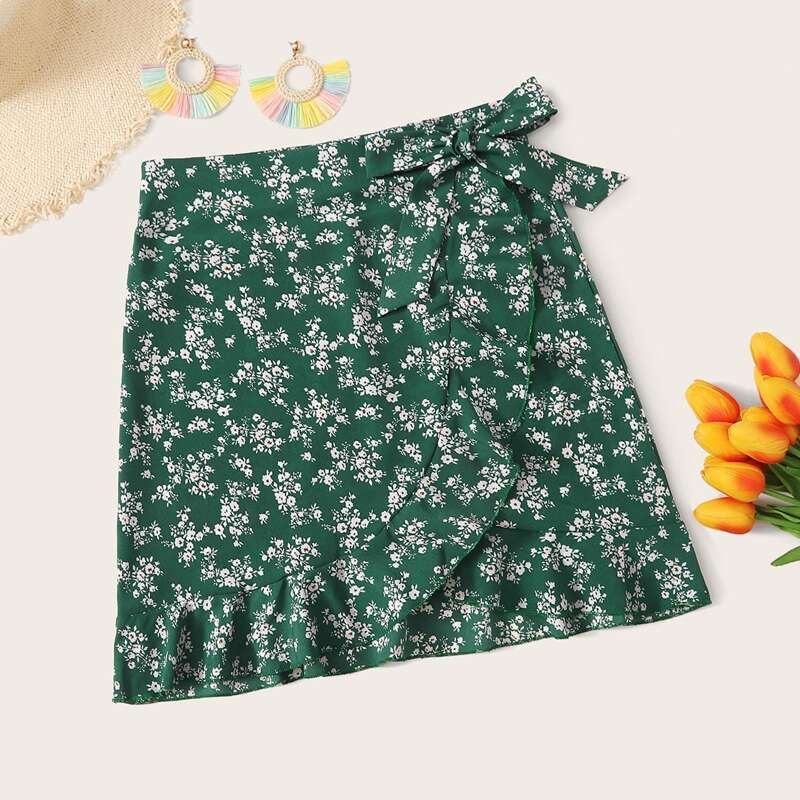 

Ditsy Floral Wrap Skirt, Green