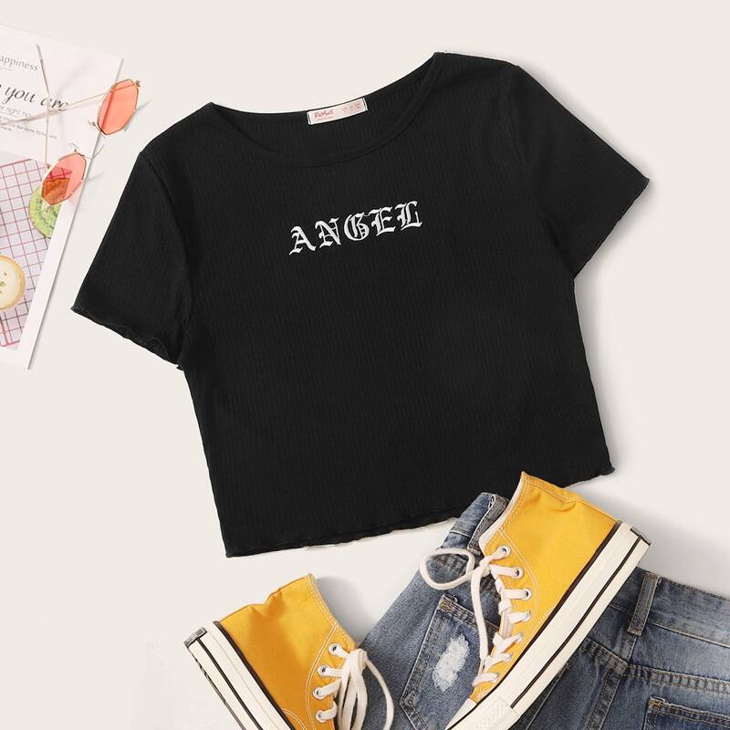 

Letter Graphic Lettuce Trim Ribbed Tee, Black