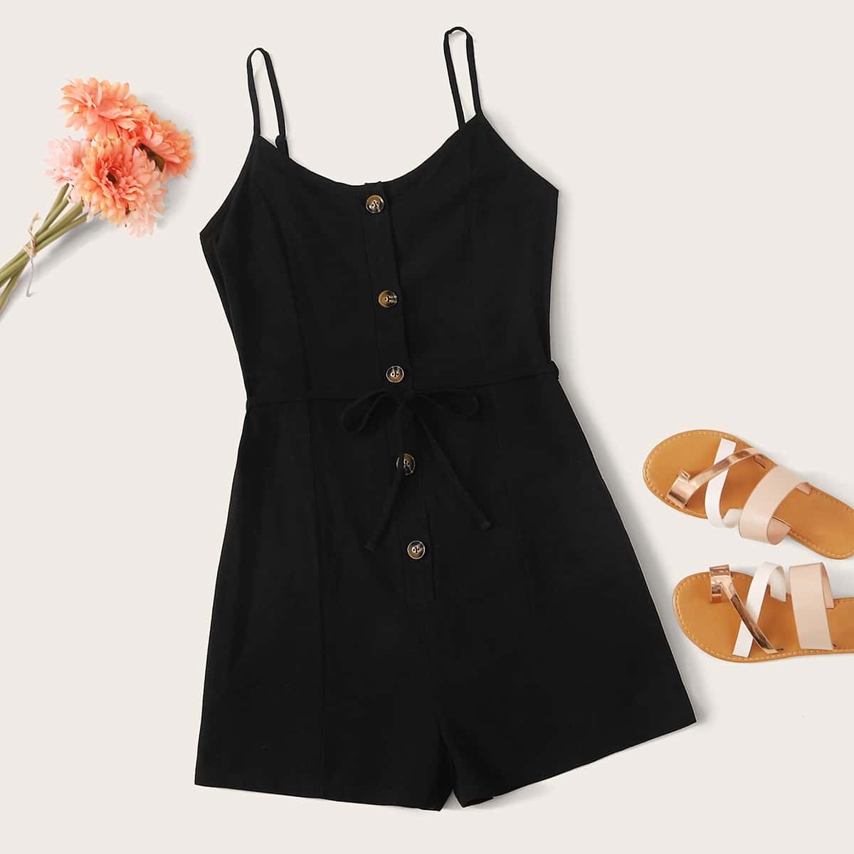 

Button Front Belted Cami Romper, Black