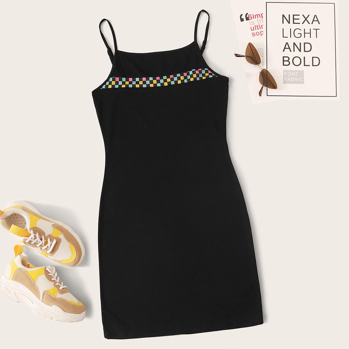 

Colorful Checkered Cami Dress, Black