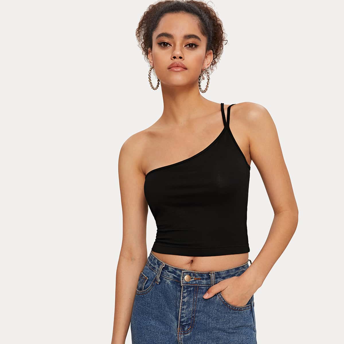 

One Shoulder Slim Black Cami Top