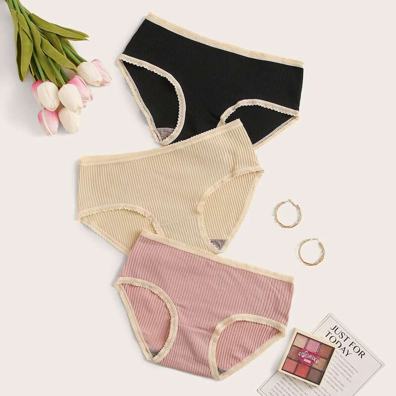 

3pack Lace Trim Ribbed Panty Set, Multicolor