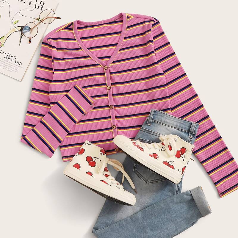 

Striped Button Front Ribbed Tee, Multicolor