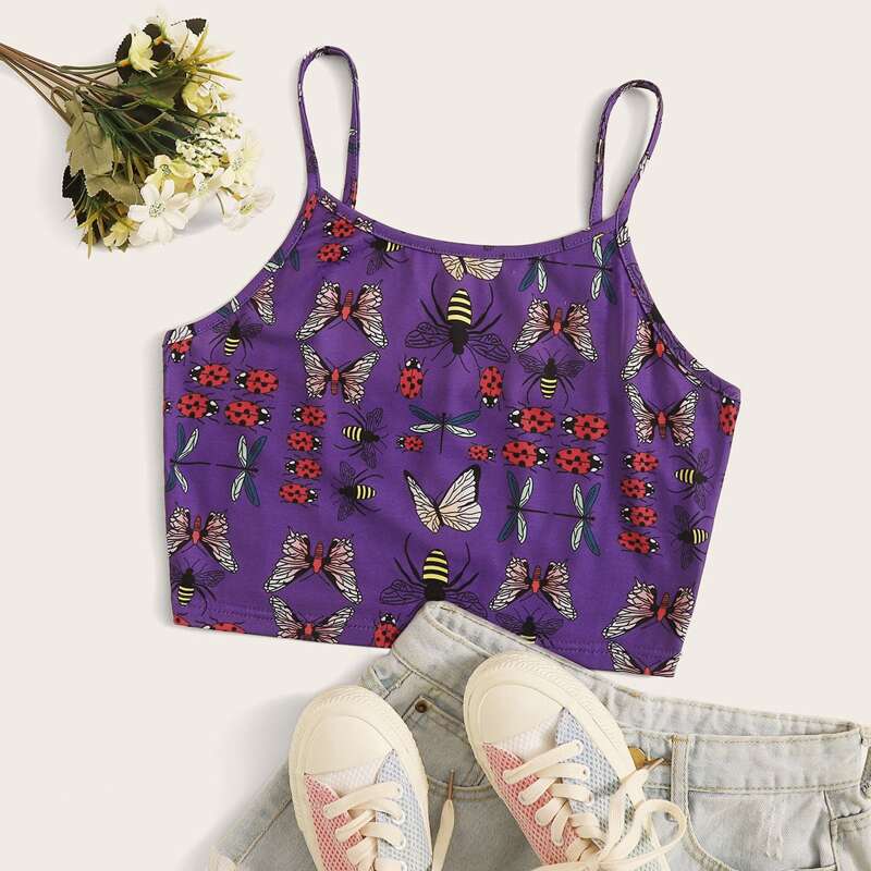 

Butterfly Print Crop Cami, Purple