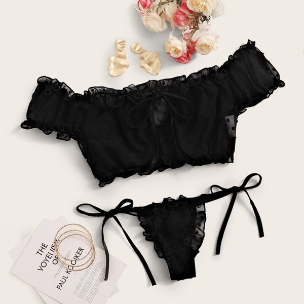 

Frill Trim Tie Front Lingerie Set, Black