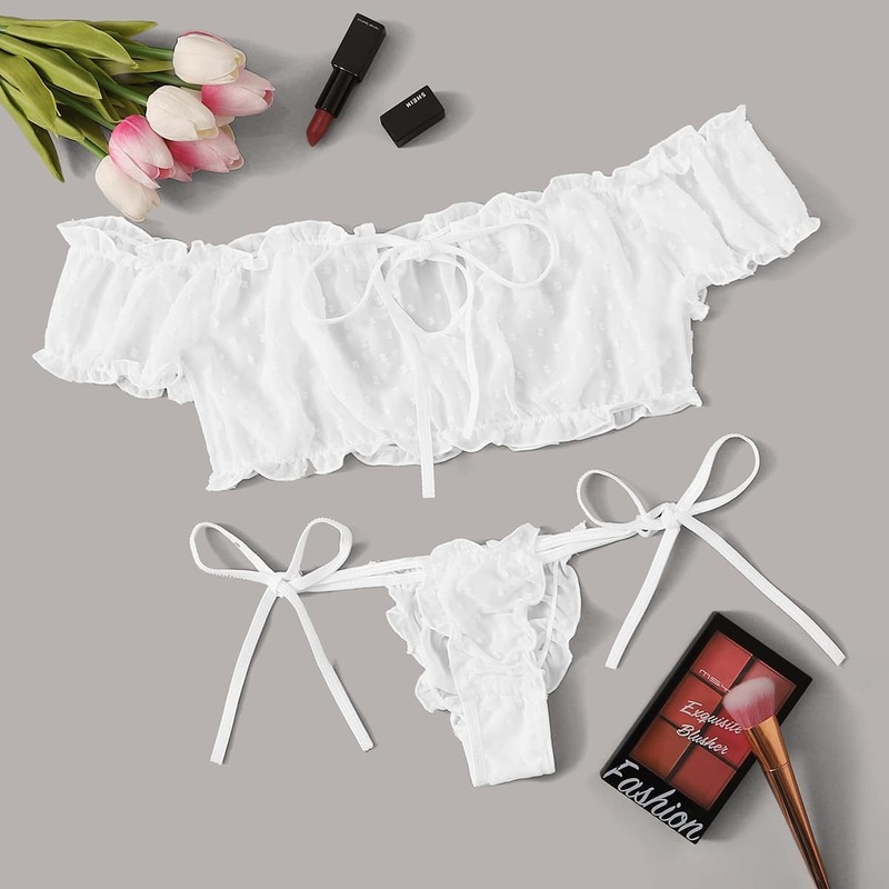 

Frill Trim Tie Front Lingerie Set, White