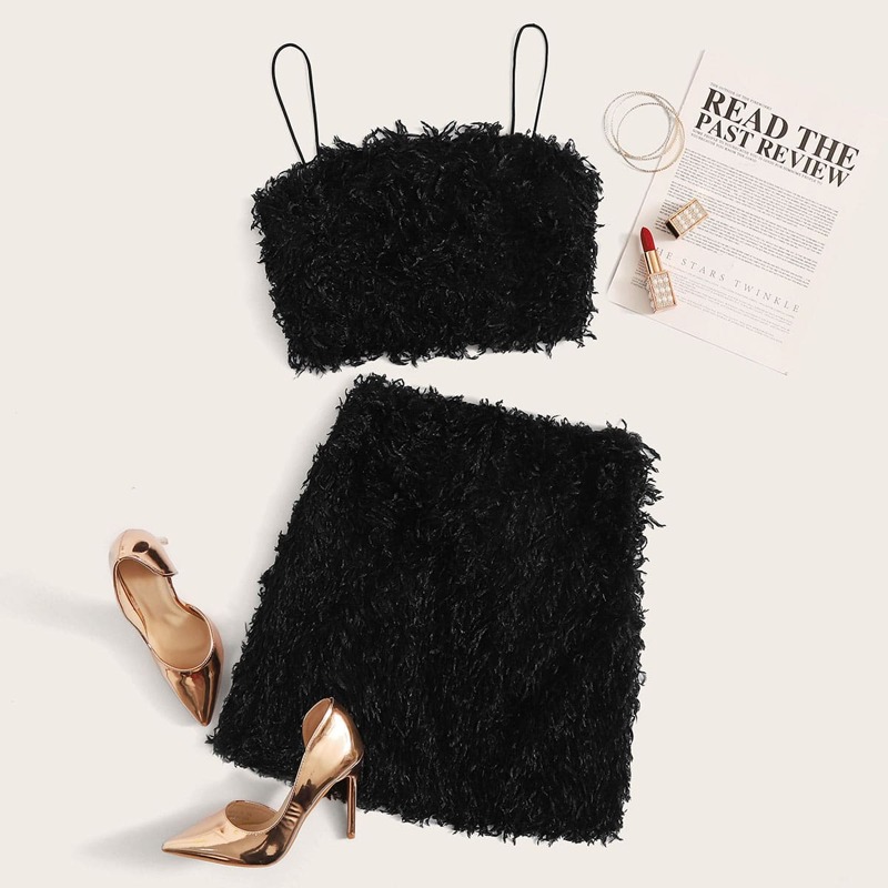 

Shaggy Cami Top & Skirt Set, Black