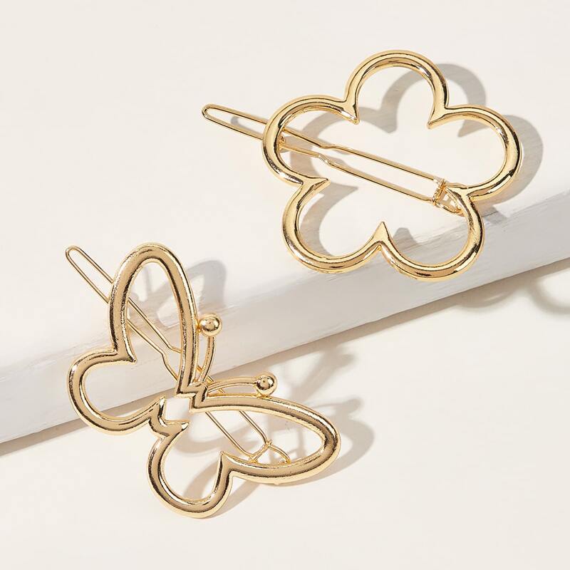 

2pcs Flower & Butterfly Hair Clip, Gold