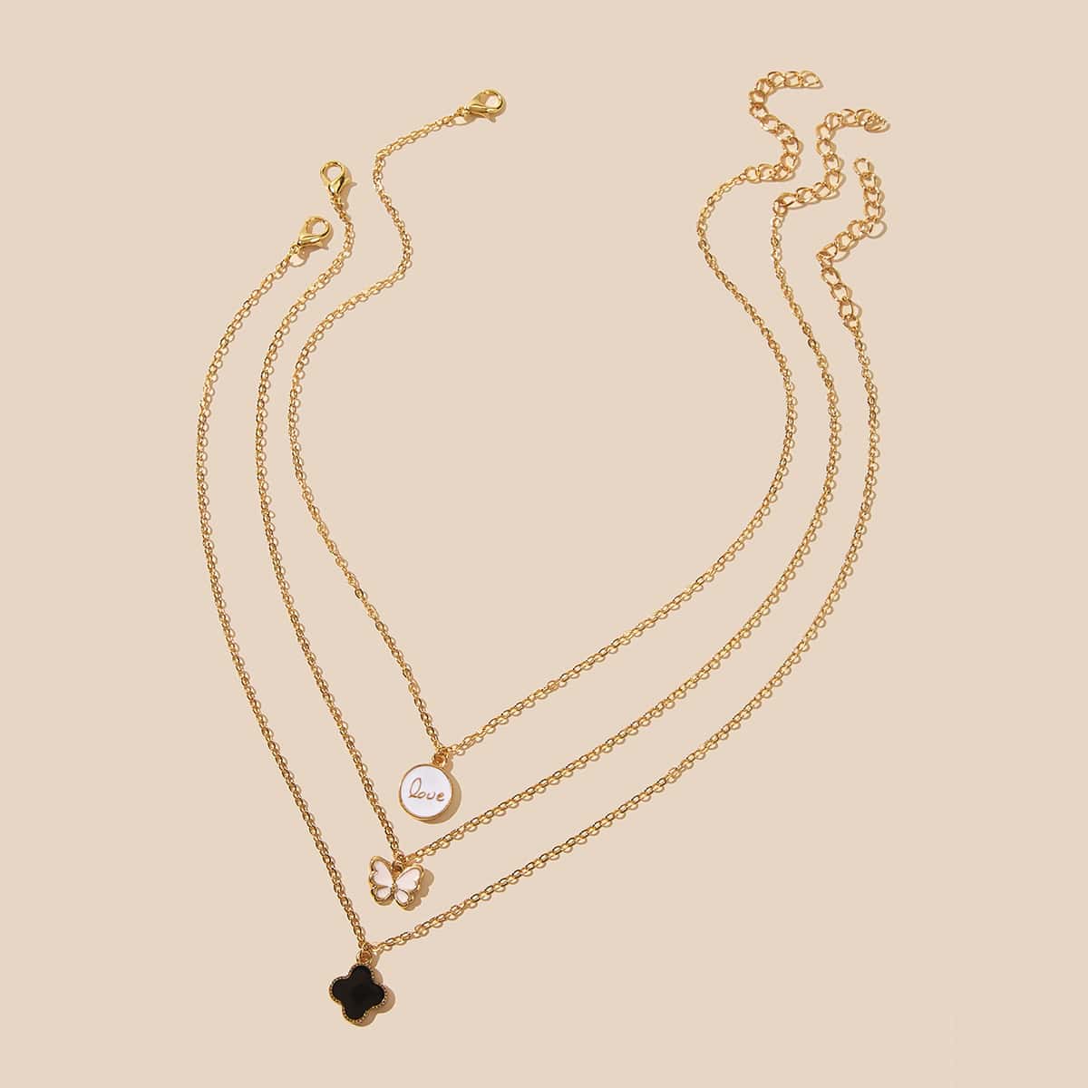 

3pcs Butterfly & Clover Charm Chain Necklace, Multicolor