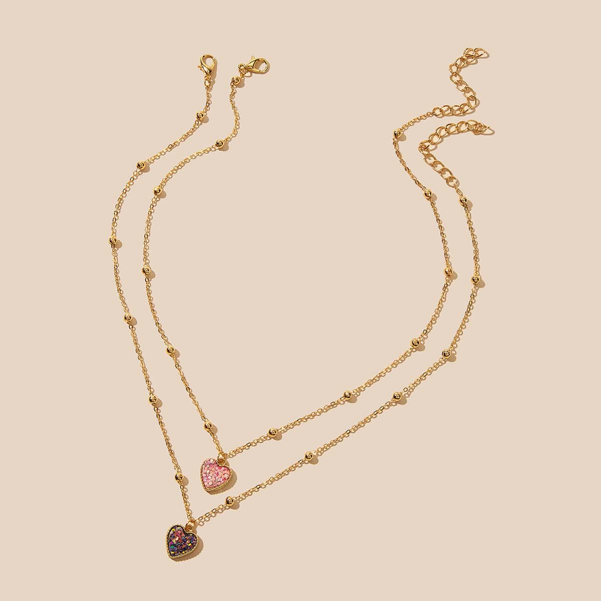 

2pcs Sequin Heart Pendant Necklace, Gold