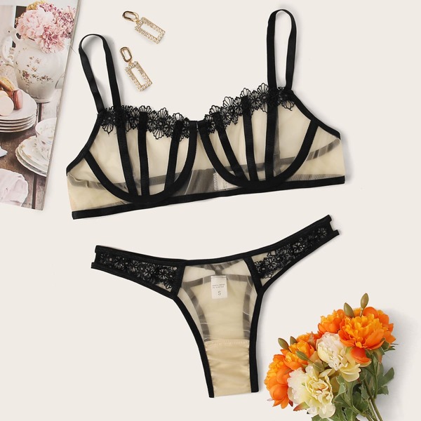 

Sheer Mesh Underwire Lingerie Set, Multicolor