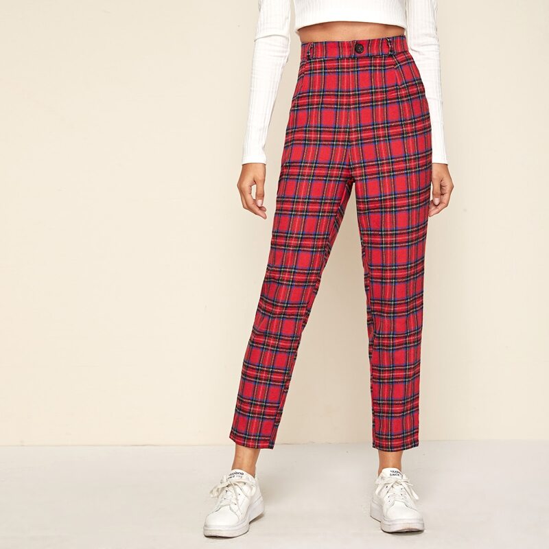 

Buttoned Waist Tartan Pants, Red