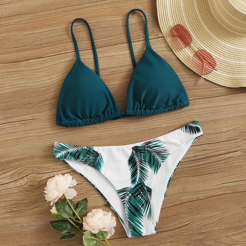 

Palm Random Print Triangle Bikini Swimsuit, Multicolor