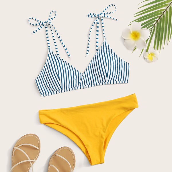 

Striped Tie Shoulder Bikini Swimsuit, Multicolor