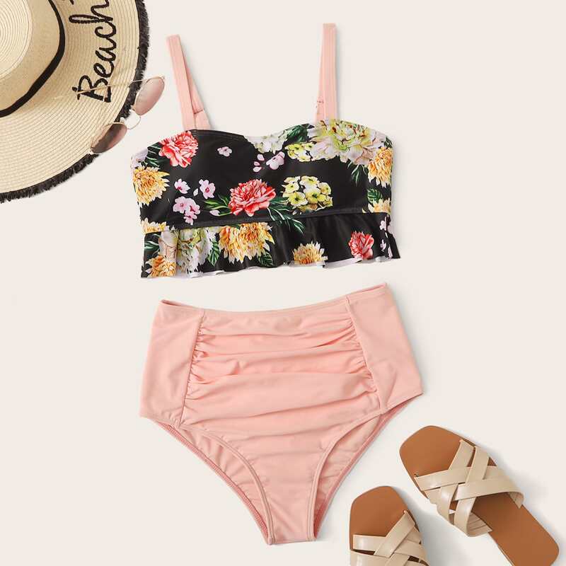 

Floral Ruffle High Waist Bikini Swimsuit, Multicolor