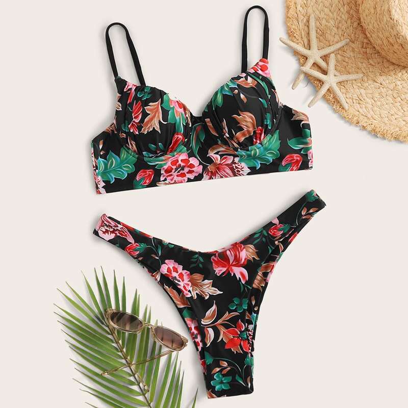 

Floral Print High Cut Bikini Swimsuit, Multicolor