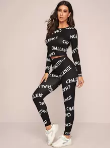 SHEIN Essnce Letter Graphic Crop Top & Leggings Set - Black - View 1