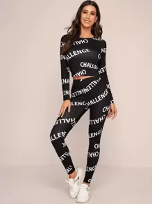 SHEIN Essnce Letter Graphic Crop Top & Leggings Set - Black - View 3