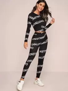 SHEIN Essnce Letter Graphic Crop Top & Leggings Set - Black - View 4