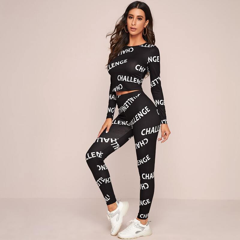 

Letter Graphic Crop Top & Leggings Set, Black