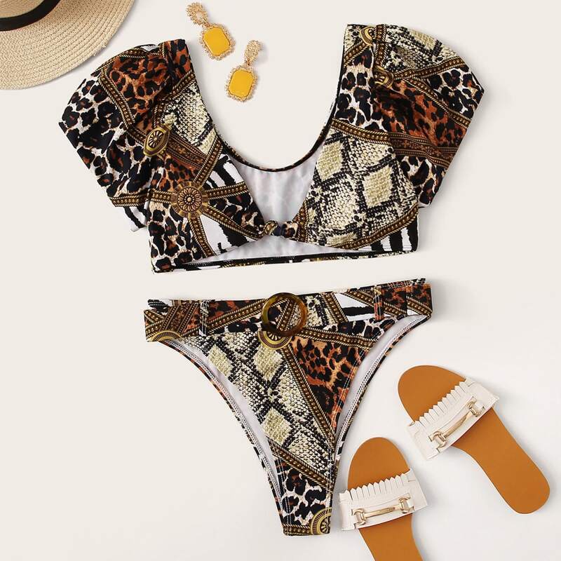 

Animal Pattern Twist Front High Waisted Bikini Swimsuit, Multicolor