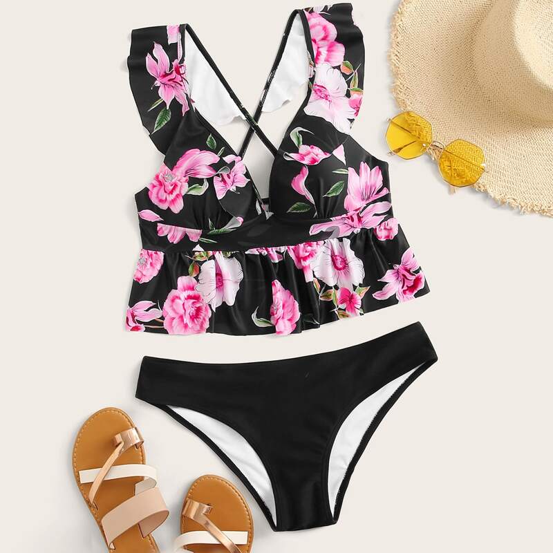 

Floral Random Print Ruffle Trim Bikini Swimsuit, Multicolor