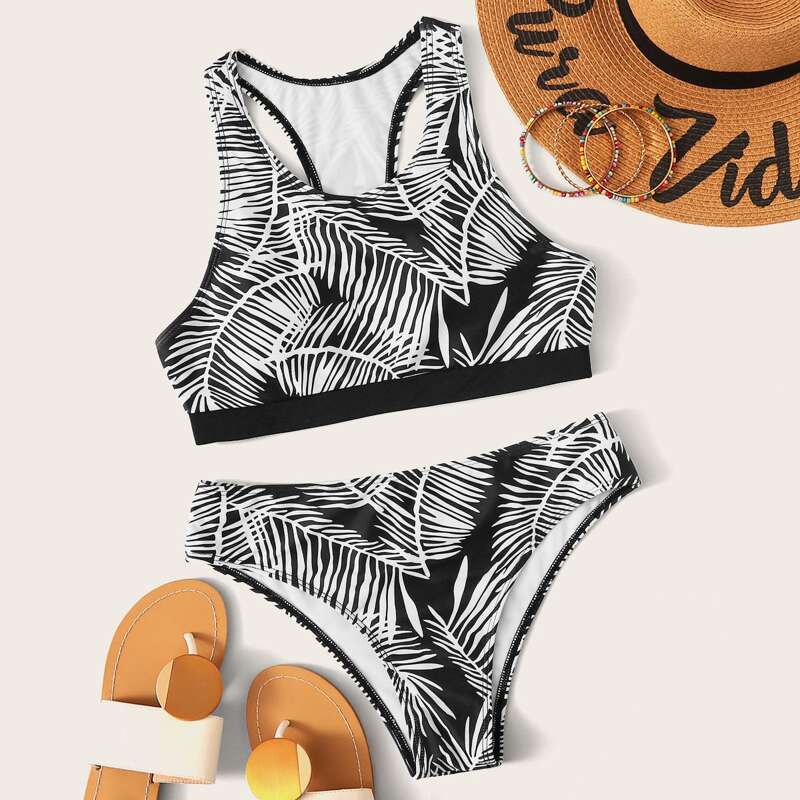 

Tropical Racerback Bikini Set, Black and white
