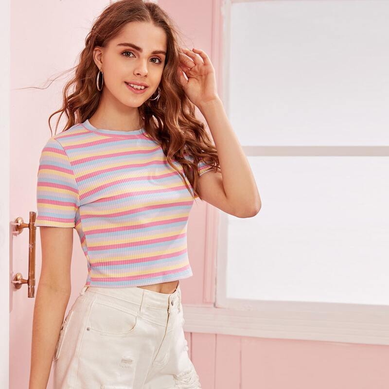

Colorful Striped Rib-knit Short Sleeve Tee, Multicolor