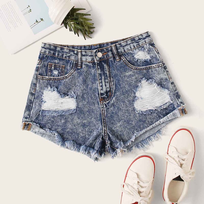 

Distressed Ripped Raw Hem Denim Shorts, Blue