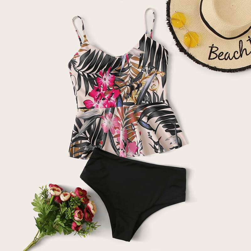 

Tropical Ruffle Trim Top With High Waist Tankini, Multicolor