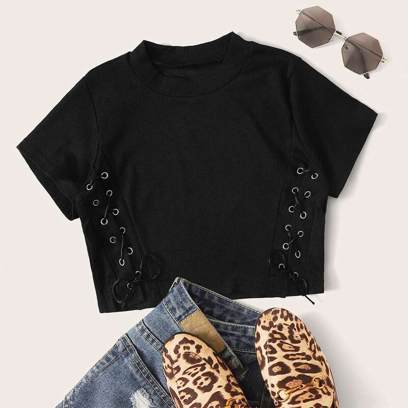 

Grommet Eyelet Criss Cross Black Tee
